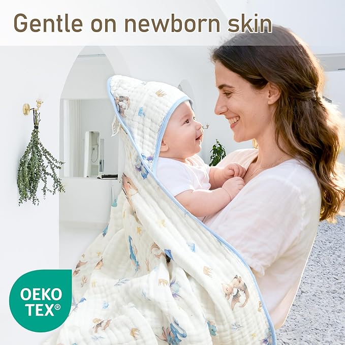 Hooded Baby Bath Towels 2 Pack 32x32 Inch, 100% Cotton Soft & Highly Absorbent, Blue Castle & Baby Dragon Design, Baby Towel Set with Wash Mitts, Gentle for Newborn, Infant & Toddler