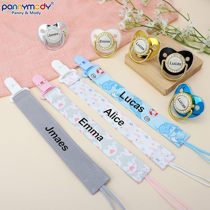 4Pcs, Personalized Pacifier with Name, Custom Pacifier Clip, Baby Gift for Newborn Boys and Girls, Glitter Soother Accessory Stuff with Name (0-6 Months) (Grey)