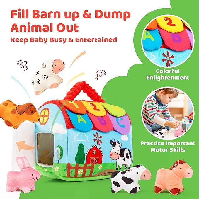 Baby Sensory Toys 6-12 Months, Montessori Stuffed Farm Animals with Rattle Crinkle Mirror, Soft Plush Toys for 6 Months+, Easter Basket Stuffers Gifts for Infant Boys Girls