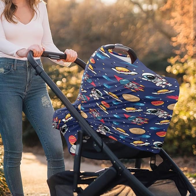 GIFTPUZZ Astronaut Car Seat Canopy Nursing Cover, Multi Use Baby Stroller and Carseat Cover, Nursing Covers Breastfeeding Scarf, Breathable Stretchy 360 Coverage, Perfect Babies Shower Gifts
