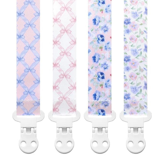 Stadela Baby Pacifier Clip Holder - Girl 4 Pack Gift Set – Vintage Floral French Granmillenial Ribbons Bows and Flowers in Pink and Blue