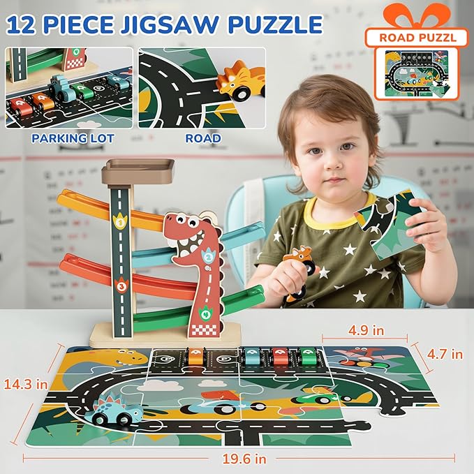 Montessori Car Ramp Toy for Toddlers 1 2 3 Year Old Wooden Dinosaur Race Track with 6 Cars & Parking Garage Kids Play Cars & Race Cars Birthday for 1-3 Boys Girls Baby Motor Skills Toy