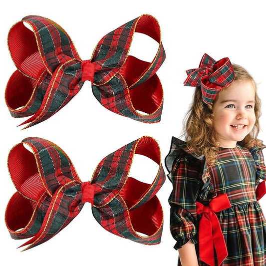 Oaoleer 2PCS Christmas Hair Bows for Girls, Red Plaid Bows Hair Alligator Clips Hair Barrettes for Baby Girls Infants Toddlers Kids Teens Children