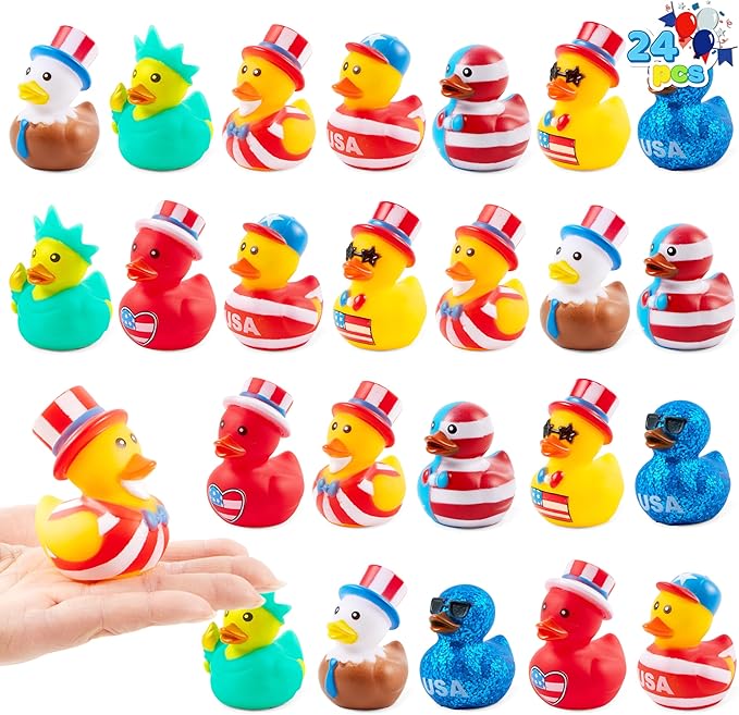 JOYIN 24 Pcs Patriotic Rubber Ducks, Red White Blue 4th of July Bulk Ducks with 8 Designs, Independence Day Duck with Flag Prints, Patriotic Party Favor Gift Bath Toy Supply for Kids Toddlers