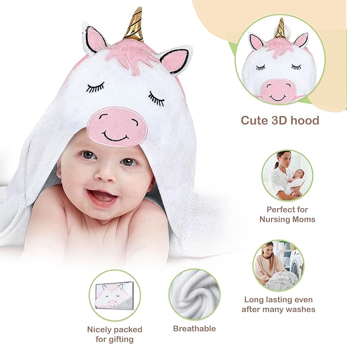 Mother's Choice 100% Organic Cotton Hooded Baby Towels - Large Size, Ultra-Soft & Absorbent Baby Towels with Hood for Newborns, Infants, Toddlers, Boys & Girls with Animal Hood (Unicorn)