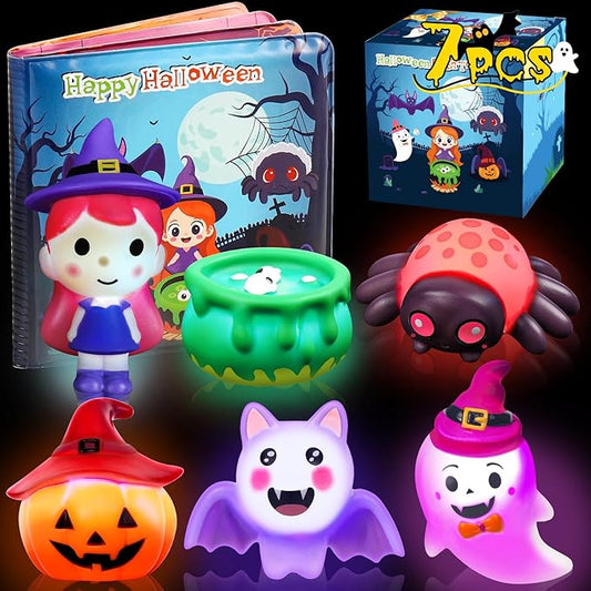 Halloween Light Up Bath Toys for Toddlers Kids, 7PCS No Hole Bath Toys with Magic Book, Witch,Cauldron,Bat, Ghost, Pumpkin, Spider, Halloween Party Favors Treat Bags Gift for Boys Girls Ages 3+