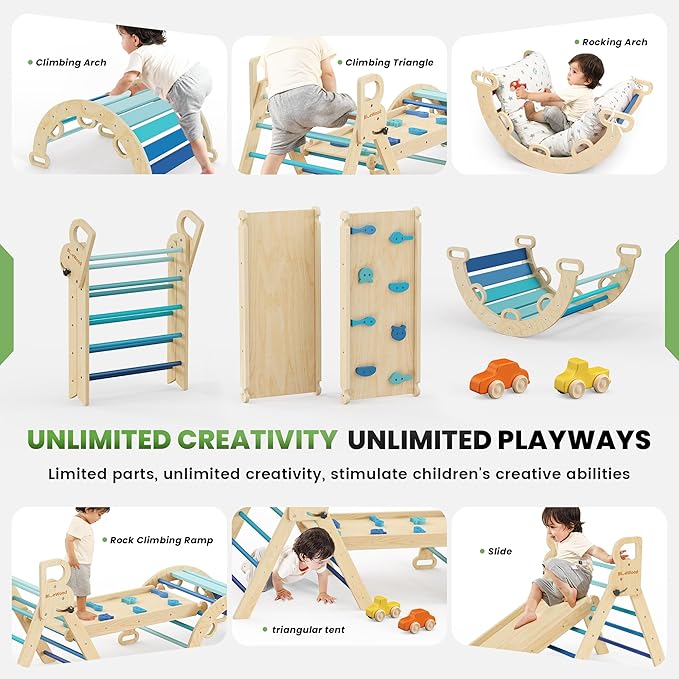 BlueWood Pikler Triangle Set with Cushion - Climbing Toys for Toddlers 9-in-1, Montessori Philosophy Play Jungle Gym with Arch, Ramp, Ladder (Blue)