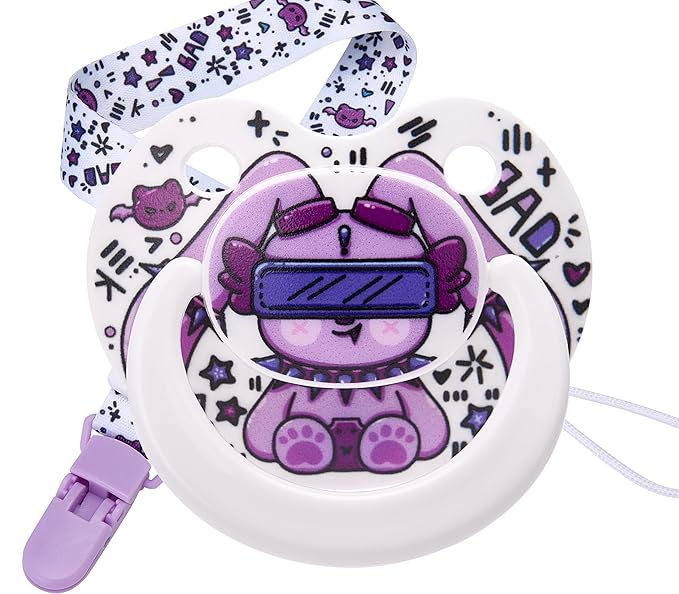 Cute Adult Size Pacifier: Large Shield Paci for Anxiety with Bats Clip - Bad Rock Bunny Big Binky for Autism with Case - Rabbit Soft Silicone Nipple for Sleep