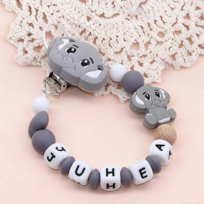 Personalized Pacifier Clip with Name Custom Pacifier Holder for Baby Boys and Girls (Gray Elephant)