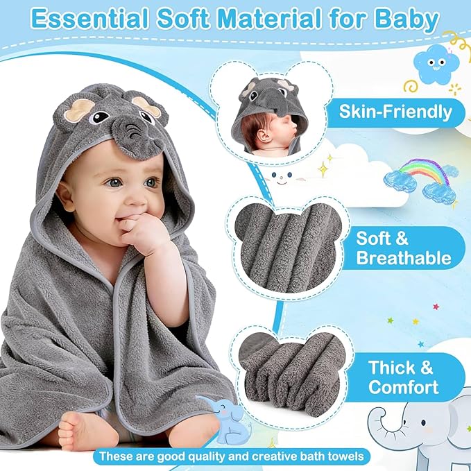 Flasoo 4 Pcs Baby Towels and Washcloths Set, 1 Pcs Animal Hooded Baby Towels & 3 Pcs Baby Washcloths for Newborns, Toddlers, and Kids, Soft Absorbent Hooded Bath Towel for Boys & Girls (Gray Elephant)