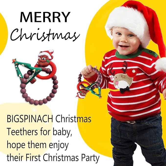 BIGSPINACH Baby's First Christmas Teether Christmas Tree and Christmas Bear Rattle Teething Ring Silicone Teething Toys for Kids Christmas Gifts or Christmas Stocking Filler