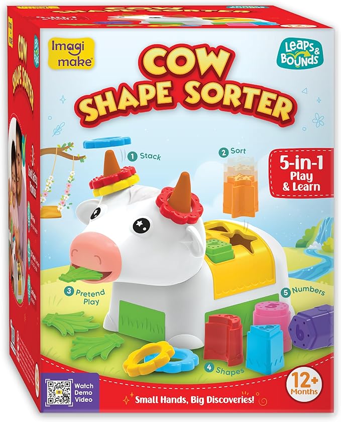 Imagimake Cow Shape Sorter | Leaps & Bounds Baby Toys 12-18 Months | Learning Toys for 1+ Year Old & Toddlers | 5-in-1 Play & Learn | Stacking, Sorting & Pretend Play | Birthday Gifts for 1 Year Old