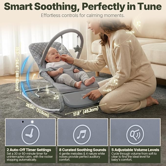 Orzbow Electric Baby Bouncer & Rocker with Innovative Auto Rocking Motion, Adaptable 3-Speed, Smart Tap Sensing, Soothing Sounds, and 3 Recline Positions, 2-in-1 Automatic Baby Rocker Chair, Grey