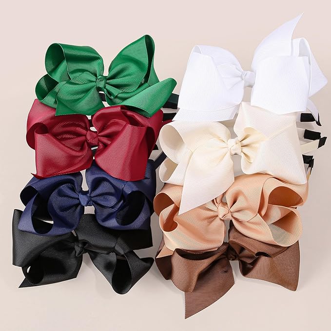 8pcs/set Girls' Big Bow Headbands, Assorted Colors Grosgrain Ribbon Hair Bows Hairbands for Baby Toddlers Kids
