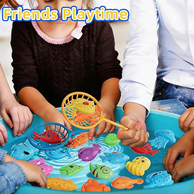 Magnetic Fishing Game Set for Toddlers 1-3 & Kids Age 3-5 Fishing Toys Includes Pole Rod Net & Floating Fish Water Table Bathtub & Pool Play Accessory with Ocean Animals for Summer Fun