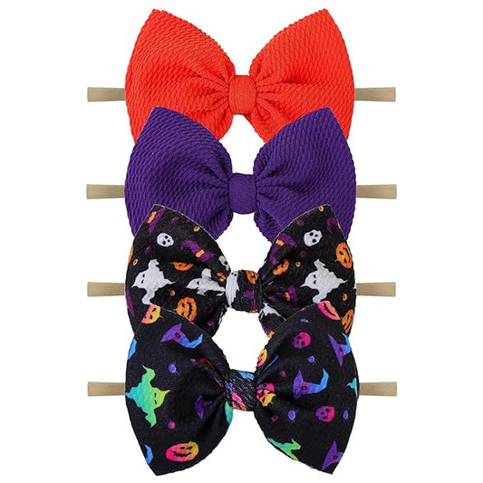 Halloween Baby Knot Ghost Hair Accessories - Headband with Nylon Elastic Bows in Purple and Orange