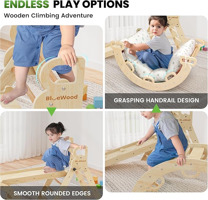 BlueWood Pikler Triangle Set with Cushion - Climbing Toys for Toddlers 9-in-1, Montessori Philosophy Play Jungle Gym with Arch, Ramp, Ladder (Natural Color)