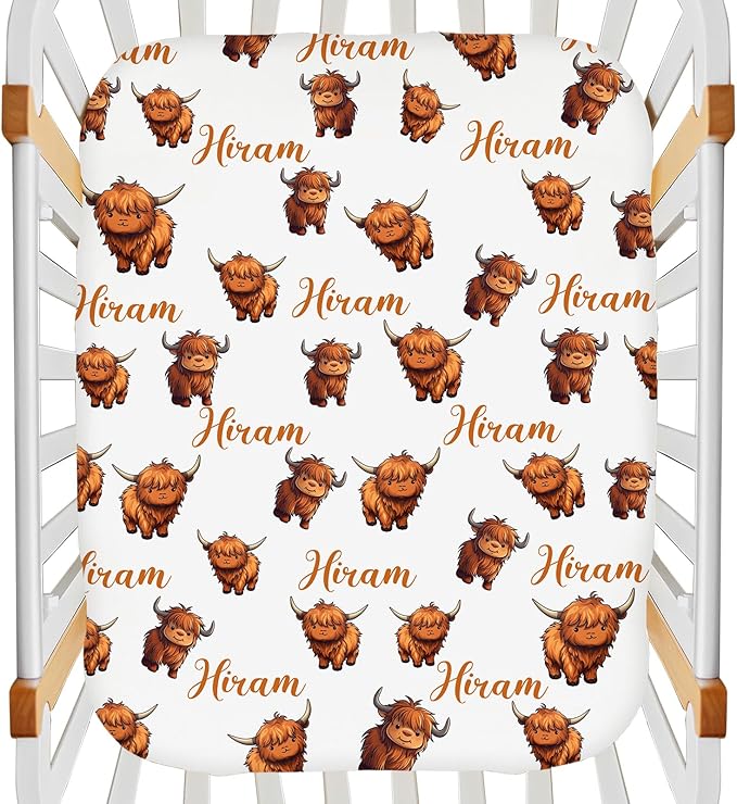 Personalized Monogram Name Mini Crib Sheet for Baby Girls Boys, Customized Highland Cow Cattle Pack and Play Sheets, Multiuse Sheet for Pack & Play, Playard, Playpen, Mini Crib Mattress