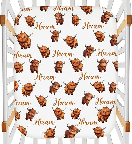 Personalized Monogram Name Mini Crib Sheet for Baby Girls Boys, Customized Highland Cow Cattle Pack and Play Sheets, Multiuse Sheet for Pack & Play, Playard, Playpen, Mini Crib Mattress