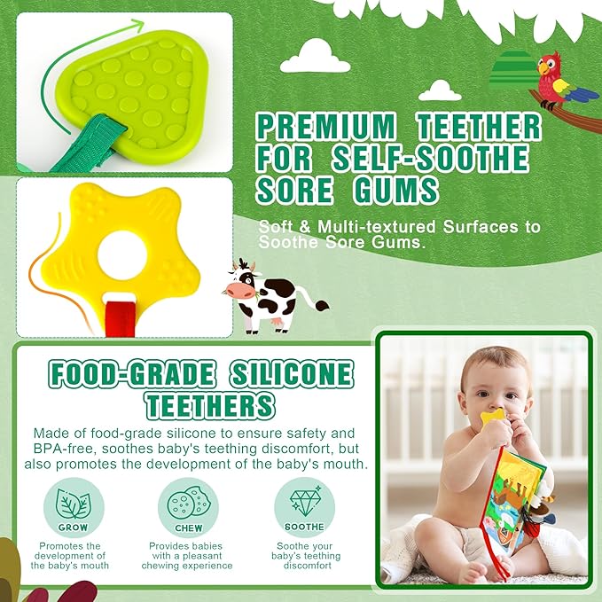 BBWOO Soft Baby Book Toy - Newborn Boy Girl Shower Gift - Tummy Time Toy for Infant 0-6 6-12 Months - Touch and Feel Sensory Crinkle Book with Teether - Baby Boy Girl Gift - Easter Basket Stuffers
