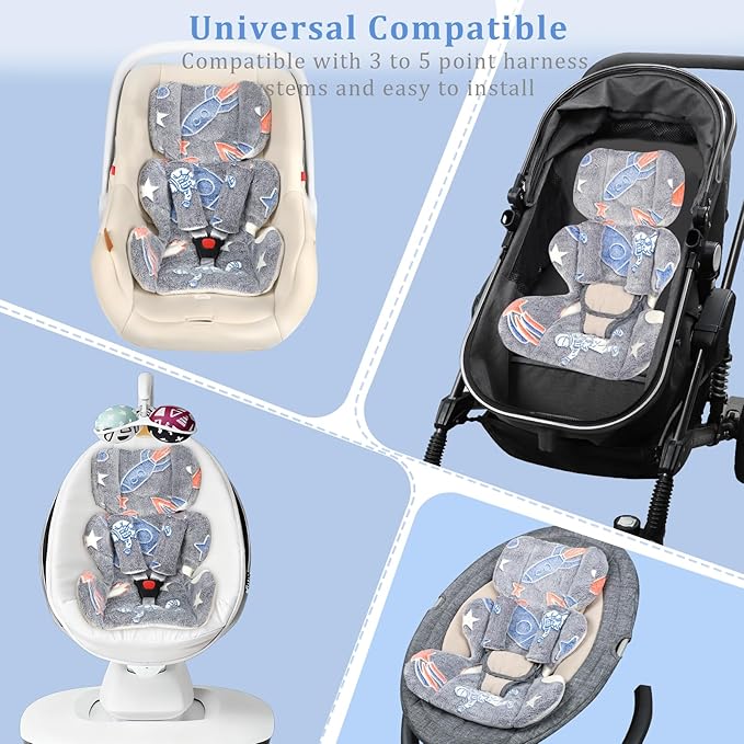 Infant Car Seat Insert Cushion, Baby Car Seat Head Body Support with 2 Extra Strap Paddings, Newborn Car Seat Insert for Baby Girls & Boys, Premature Carseat Cushion, Grey Rocket