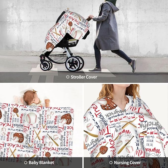 Personalized Baseball Sports Baby Car Seats Canopy for Babies with Name, Custom Monogram Car Seat Covers for Boys Girls, Opening Minky Nursing Breastfeeding Cover Infant Carseat Canopies for Newborn