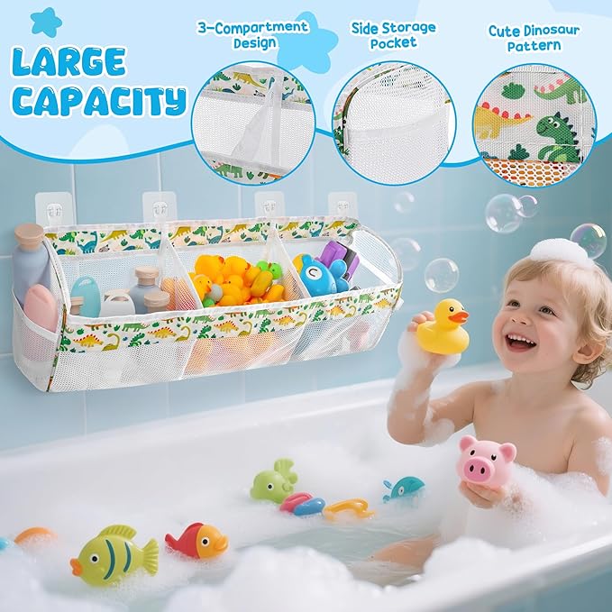 Dinosaur Bath Toy Storage Organizer, 3 Compartment Bath Toy Holder for tubs with Large Openings, Large Capacity & Quick-Drying Mesh - 4 Strong Adhesive Hooks for Easy Access