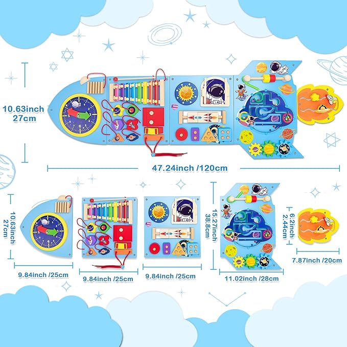 Montessori Busy Board, Sensory Wall Panel for Kids, Activity Wall Busy Board with DIY Rocket Stickers, Activity Cube Wooden Boards for 3+ Years Old
