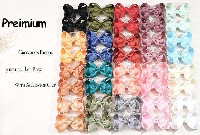 CÉLLOT 40 Pieces 3 Inch Hair Bows for Girls Clips Grosgrain Ribbon Boutique Hair Bow Alligator Clips For Girls Teens Toddlers Kids