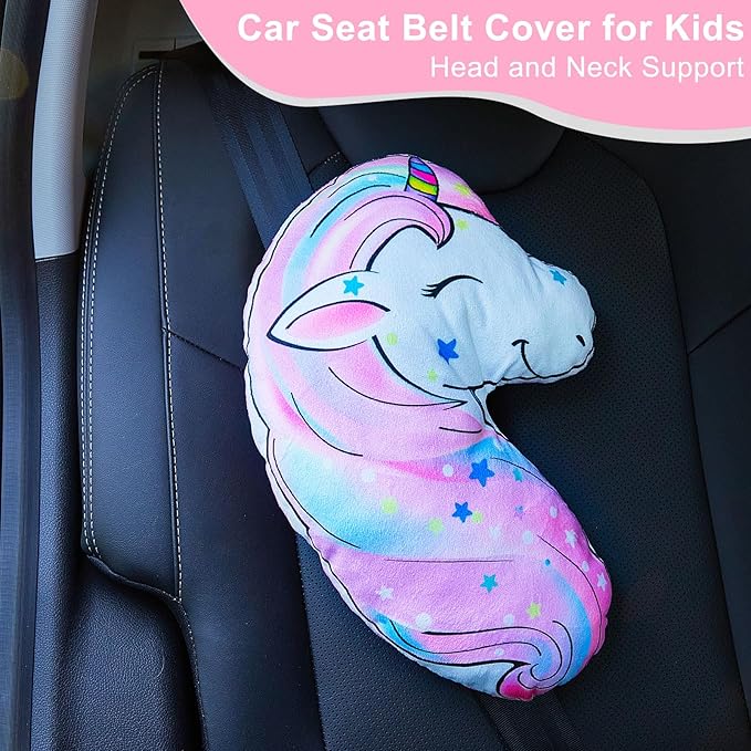 FIODAY Seat Belt Cover Pad for Kids Unicorn Seatbelt Pillow Soft Seat Belt Cover Car Pillow Toddler Travel Seat Strap Pad Neck Support for Girls Boys, Pink