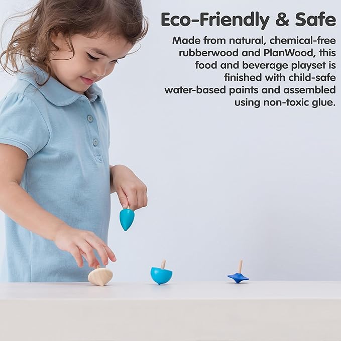 PlanToys® Mini Wooden Spinning Tops Set | 4 Colorful Eco-Friendly Montessori Toys for Toddlers | Travel Toys for Kids | Sensory Fidget Toys for Focus & Coordination