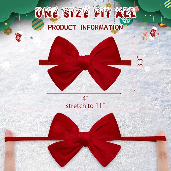 Christmas Baby Bows Handmade Velvet Headbands Tied Bow Elastic Nylon Hair Accessories for Baby Girls Newborn Infant 2 Pcs Christmas Gift Red Green