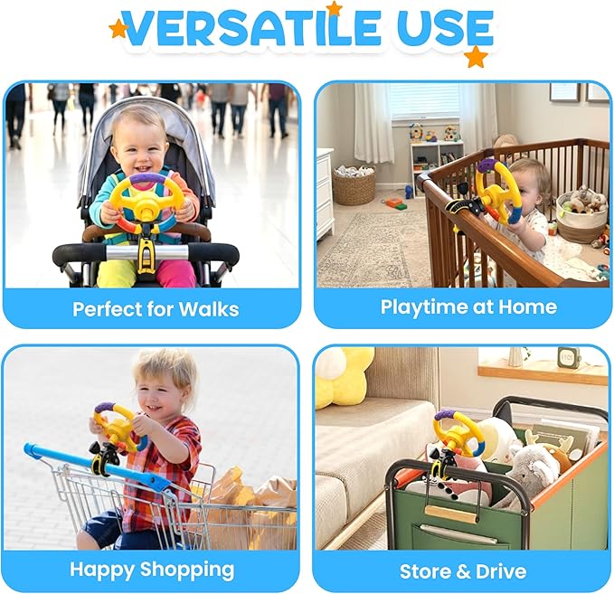 Kids Steering Wheel, Shopping Cart and Stroller Attachment, Entertainment Accessory for Children