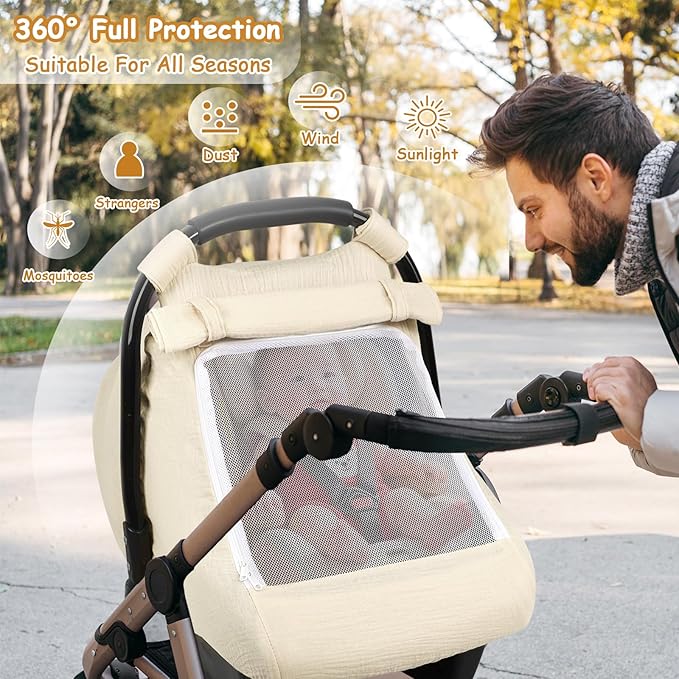 Car Seat Cover Baby, Summer Carseat Covers for Babies Girls Boys Breathable Muslin Cotton HNHUAMING Infant Car Seat Canopy with Large Mesh Window, Cozy & Windproof Newborn Stroller Cover, Apricot