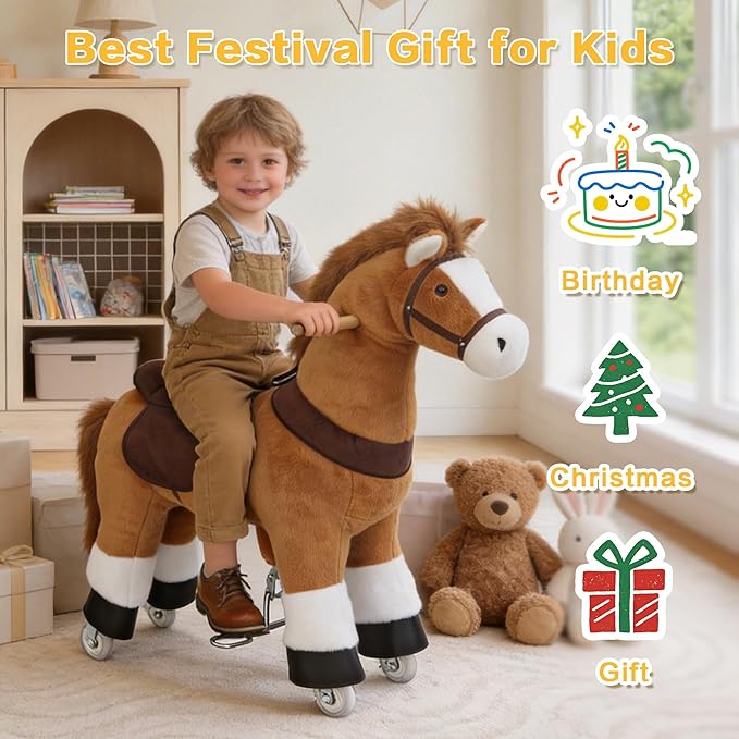 Ride on Horse Toys for Kids, Ride on Toy for 4 to 9 Years Old, 36.6'' Height Riding Horse Rider Mechanical Walking Action Plush Animal, No Battery or Electricity, Max Load 165LBS - Brown