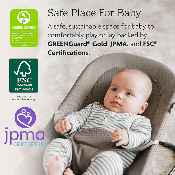 UPPAbaby Mira Bouncer/Portable 2-in-1 Bouncer + Seat Grows with Your Baby/GREENGuard® Gold, JPMA + FSC® Certified/Cozy Seat Liner + Storage Bag Included/Stella (Grey Mélange/Silver Chrome/Maple Wood)