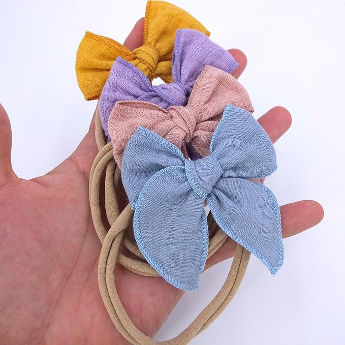 Sugarmelon Original Cotton Gauze Headband for Newborn Toddler Infant Baby Girl Kids Muslin Cotton Hair Bow Headbands Turban Elastic Hair Bands (6 pcs Bow Nylon Headband)
