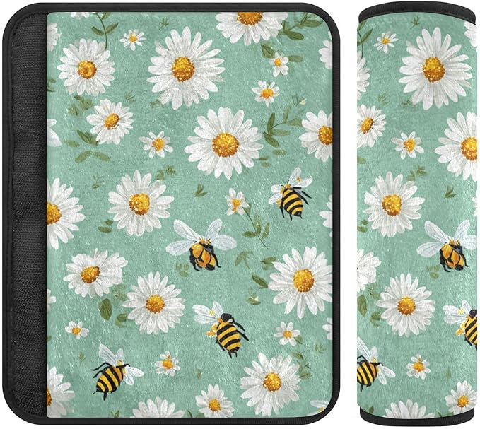 2 Pack Seatbelt Covers Seat Belt Cover Pad for Adults Boys Girls Car Seat Strap Covers Pads Cushion Universal Shoulder Strap Pad Protector for Backpack Camera Bag 10x7.7Inch Mint Green Daisy Flowers a