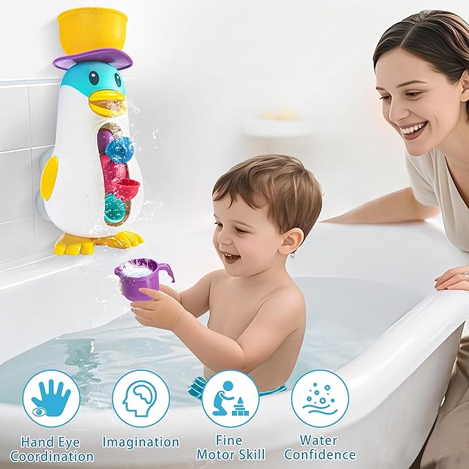 Baby Bath Toys, Toddlers Waterfall Bathtub Toys with Suction Cups, Penguin Kids Bath Toys with Rotatable Waterwheel, Birthday Gift for Boys Girls
