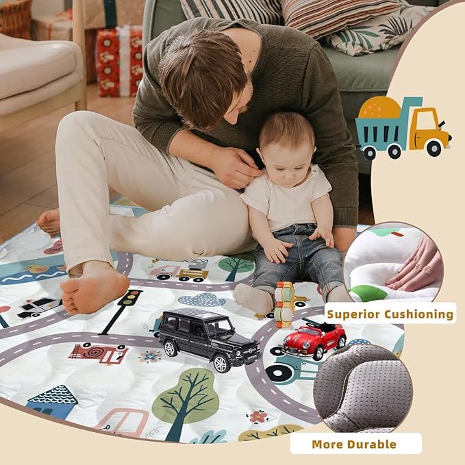Baby Play Mats for Floor, 50X50 Playpen Mat, Car Playmat Non-Slip Cushioned Crawling Mat Thick Soft Playmats for Babies Toddlers Infants Activity & Tummy Time, Machine Washable (Car,50x50)