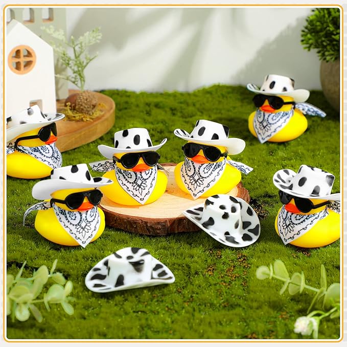 Sosation 24 Set Cowboy Rubber Duck Bulk Mini Yellow Duckies Tiny Ducks Bathtub Toy with Cowboy Hat Paisley Bandanas Sunglasses for Birthday Party Favor(Cow Style)