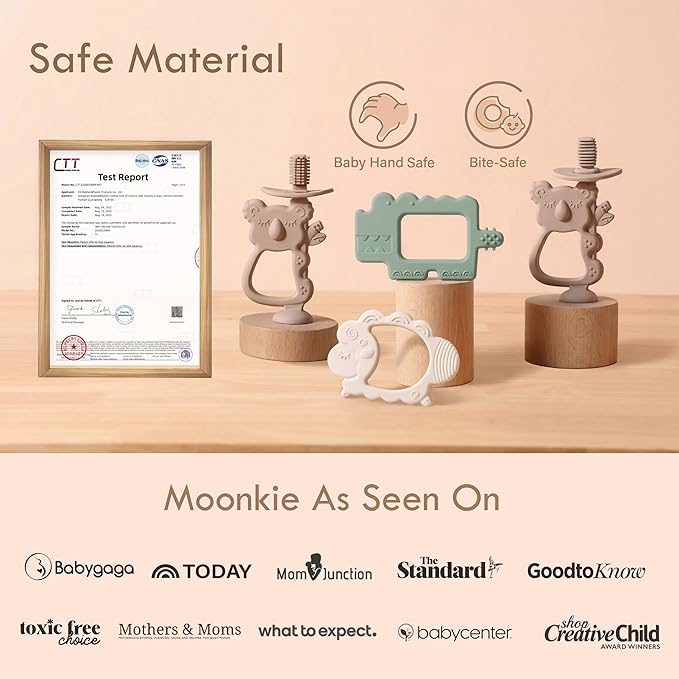 Moonkie Teething Toy, Safe & Easy to Hold BPA Free Silicone Teethers, 360° Baby Toothbrush with Suction Base, Teether Toys Best for Babies 6-12 Months (Koala Lunar Grey)