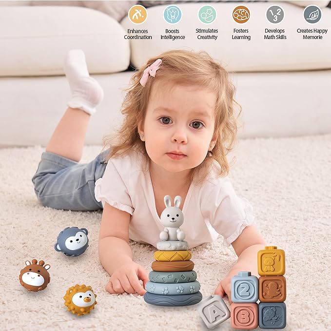 3 in 1 Baby Toys Bundle,Soft Stacking Building Blocks,Teething Ring & Sensory Balls for Newborn to 18 Months| Soft Textured Design,Perfect for Sensory Development, Motor Skills (Family Edition)