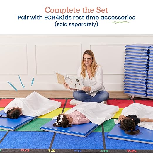 ECR4Kids-ELR-0883 Everyday 3-Fold Daycare Rest Mat, Folding Rest Mat, Sanitary Design, Low Maintenance, Certified and Safe, No Assembly Required, 2" Thick, Single Mat, Blue/Grey