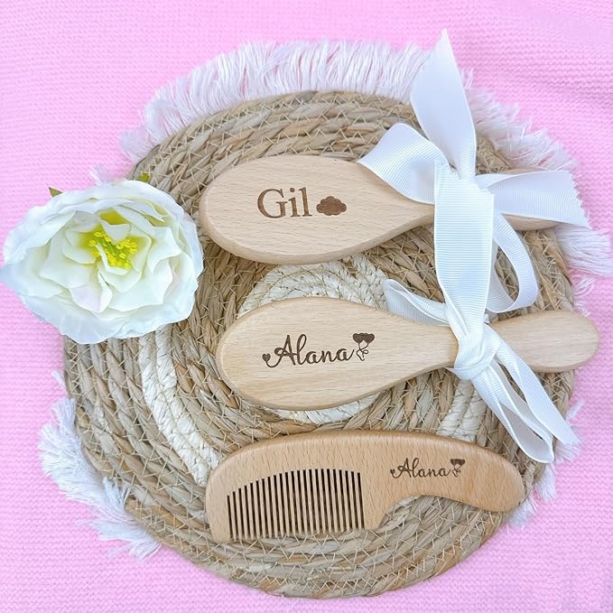 Personalized Custom Baby Brush and Comb Set for Newborn, Wooden Baby Comb, Preventing Cradle Cap, Natural Goat Bristles Brush, Gifts for Baby Shower