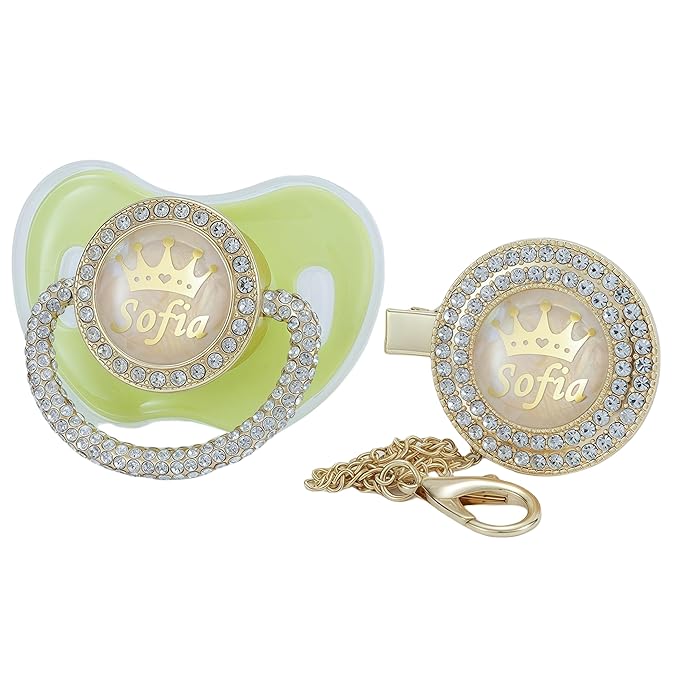 Personalized Name Anniversary All Bling Pacifier and Clip Set Gold Plated New Born Gift Photography No for Daily Use (Green)