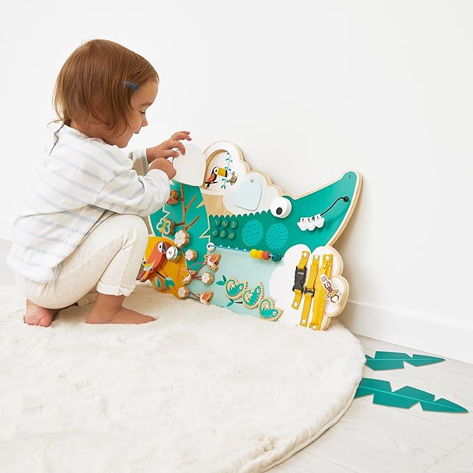 Janod Busy Board Crocodile Theme Jungle Animals - 14 Activities for Boys Girls - Develops Fine Motor Skills - FSCTM - Wooden Toy - from 18 Months - J08280
