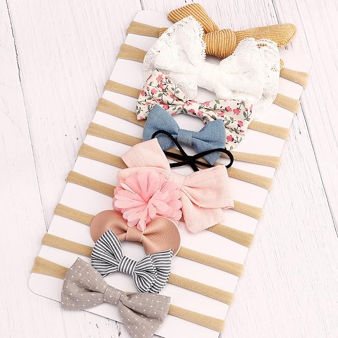 BQUBO Baby Girl Headbands with Bows Nylon Hairbands Handmade Hair Accessories for Newborn Infant Toddlers 10 Pack