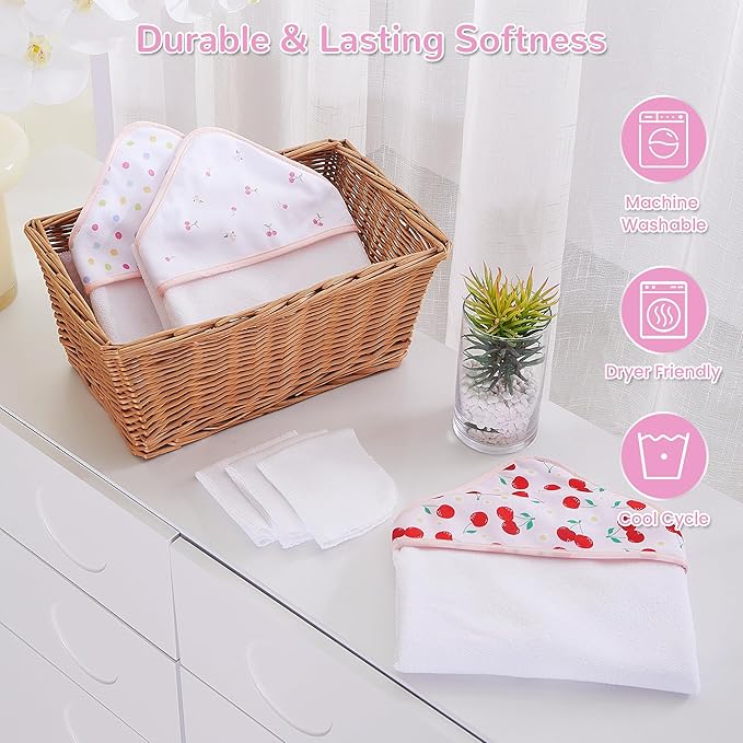 Viviland 6 Pcs Hooded Baby Towels and Washcloths Set, Super Gentle Bath Towels for Newborn Face & Body, Absorbent Wash Cloth for Infants Girls, Pink-Cherry Pattern, 28 x 28 inch
