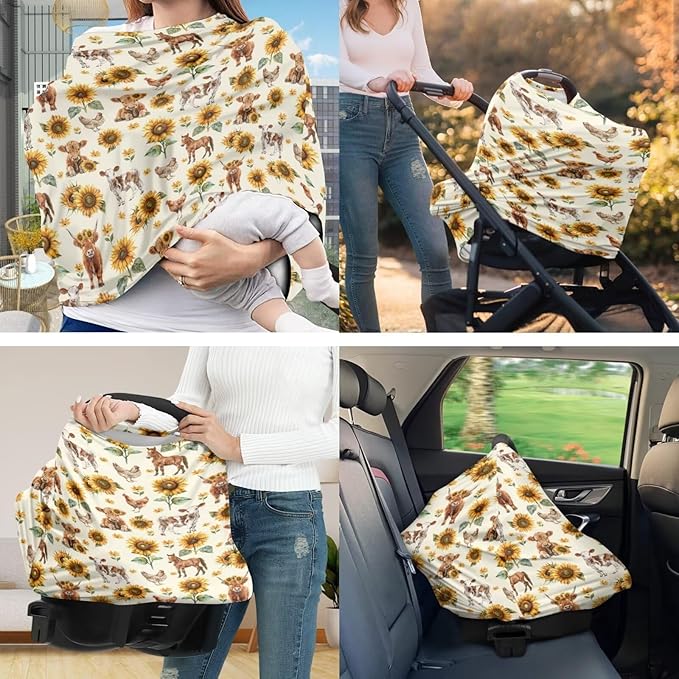 Sunflower Highland Cow Baby Car Seat Covers with Nursing Pillowcase Set of 2, Multi-use Car Seat Canopy Carrier Protector, Breathable Breastfeeding Cover for Girl Boy